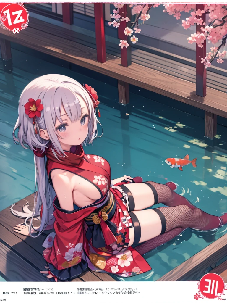 One Girl, (Large: 1.4), Solo, Sheep's Horn, (((Hi-Res)), ((Masterpiece)), ((Best Quality)), ((Very Detailed)), (Very Detailed)), large_filesize, Full Color, Sexy, Long White Hair, Red Eyes (Eyeliner), Lying by the Water, Soaking in Water, Kimono, Red, Open-air, Mysterious Red Lighting, Roses, Night, Ruins,