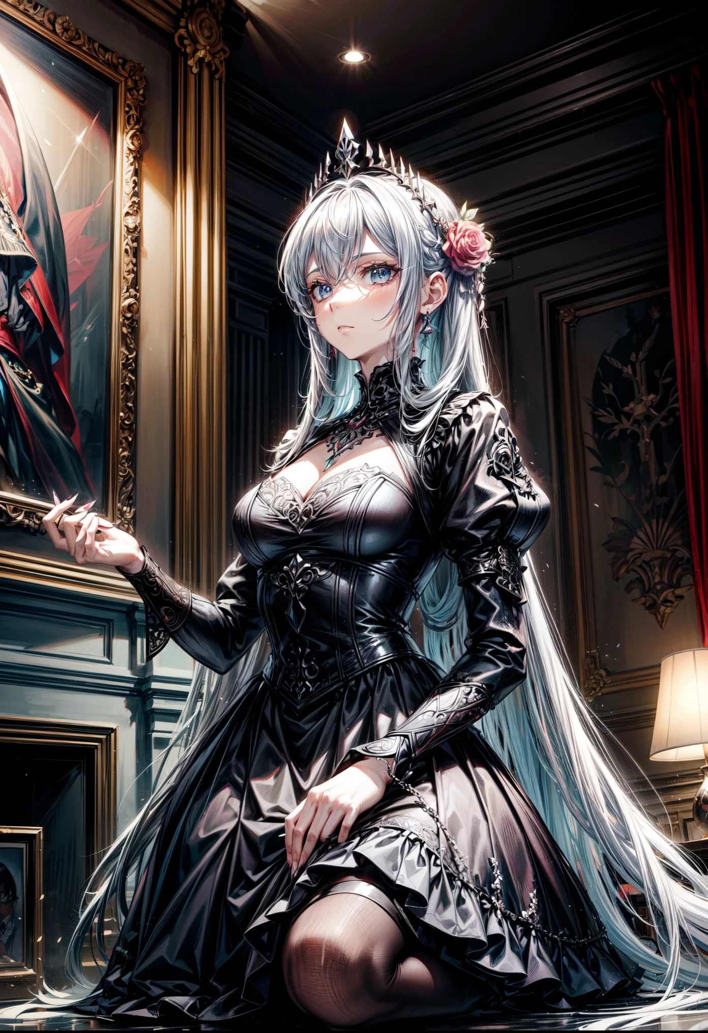 mujer, grave, guerrero, armadura, elegant, vestido rosa, aristocratic, elementos de plata, long nails, hombros descubiertos, peinado, Cabello recogido, trenza y cola de caballo, desordenado, arrogant, absurdo, vestido detallado, Realeza, celebracion, living room decorated with flowers, tiro de vaquero, retrato, (mejor calidad), (Obra maestra), (Muy detallado), (4k)