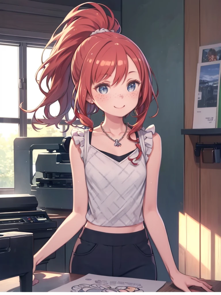 (Tabletop, highest quality), One Girl, clavicle, Wavy Hair, View Viewer, Blurred foreground, Upper Body, necklace, Contemporary, Plain pants, ((Complex, printing, pattern)), ponytail, freckles, Redhead, Speckled sunlight, smile, Happy,