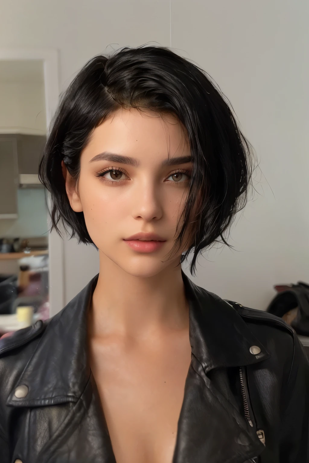 a close up of a woman in a leather jacket looking at the camera, short dark hair, messy black bob hair, christina kritkou, messy short hair, flawless olive skin, short black hair, short dark haircut, black short hair, parted hair, short messy hair, natural short hair, black bob hair, messy bob, black bob haircut, with short hair
