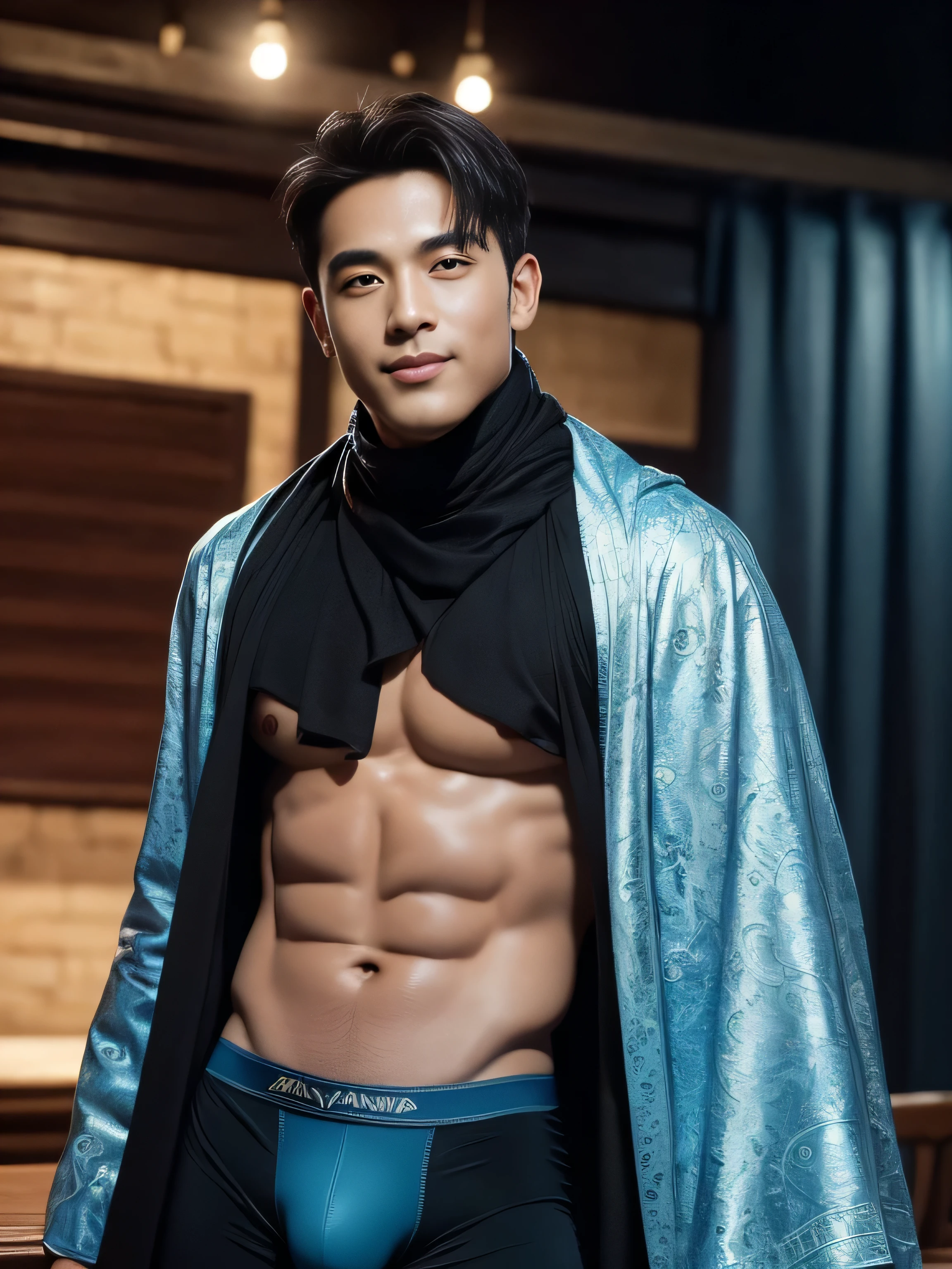 highest quality、masterpiece、超A high resolution、(Realistic:1.4)、Detailed face、alone、１Human male、Upper body、Black Hair、Glowing Skin、dense skin、(Asian)、Architectural、(Absurd、High resolution、Ultra-detailed)、、1 male、adult、(25-year-old male)、Handsome、Tall and muscular man、Broad shoulders、Very short hair、Square jaw、Thick neck、Thick eyebrows、Very short hair、Black Hairの、Beautiful eyes and detailed features、 Highly detailed CG Unity 8k wallpaper、Intricate details、(Style Swirl Magic:0.7)、Looking at the audience、alone、(Esbian all over:0.6)、Detailed Background、Detailed face、Dynamic Pose、、Dynamic configuration、 Big muscles、、((((bulge))))、Handsome、 ((Tabletop:1.4, highest quality)), ((Tabletop, highest quality)), (Like the picture:1.4)、(((magician)))、Grin, surfing,、Grin、Sunny and cloudy、(Complex blue long sleeve enchantment costume), scarf, The outfit reveals too much skin and thighs, Fantasy Library Background:1.2), Realistic、Kana、magic circle , ???? thighs