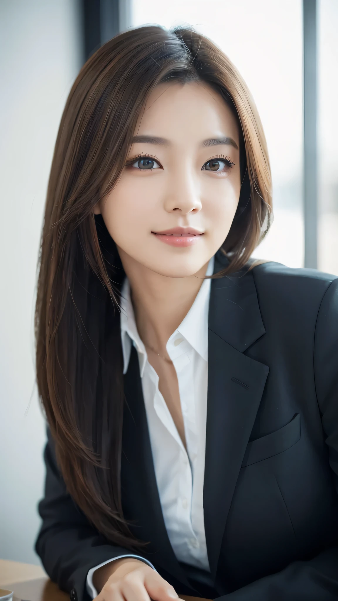 table top、highest quality、genuine、Super detailed、finely、High resolution、8k wallpaper、one beautiful woman、、、light brown disheveled hair、wearing a business suit、sharp focus、perfect dynamic composition、beautiful and detailed eyes、thin hair、Detailed genuine skin texture、smile、model body shape、In Tokyo at morning、Brush your hair up with your fingers.