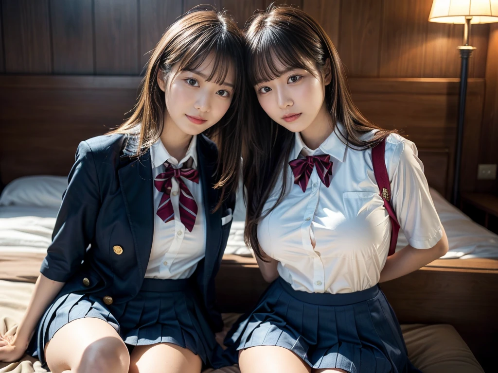 (RAW photo, 4k, masterpiece, high resolution, extremely complex) (realistic: 1.4), cinematic lighting
((2 girls, 2 schoolgirls)),Slam Dunk's,blushing,((innocent)),bright eyes,round eyes,blunt bangs,(straight hair:1.3),black hair,large breasts,wide hips,Summer Noon, ,Hot, (Best Quality), (Highres), (an Extremely Delicate and Beautiful),(Beautiful 8k face),(Brown eyes),short bob hair,( spectators),(gigantic breasts),(Play with each other,Touching each other's bodies,Touching the body),(Japanese high school uniform:1.3),blue skirt,(reality),bright lighting,(The background is a luxury hotel room)
