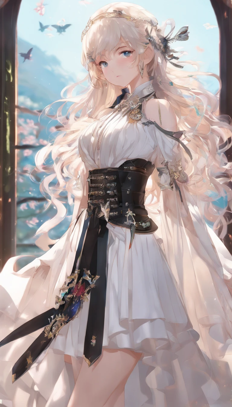 ((whole body:1.3)), Perfect Face,Perfect body,Eye for detail,((Super detailed:1.2)),(((masterpiece:1.4))),(((highest quality:1.2))),8k,High resolution,,(Detailed Hair), (masterpiece), (highest quality), (Super detailed), Sharp focus, Detailed face, Perfect Anatomy, Perfect lighting, (Intricate details), (Depth of written boundary), One girl, kanaotsuyuri,(( uniform:1.4)), Butterfly Hair Ornament,,( white belt), (Cape, white Cape),, (Black jacket), (Pleated skirt), belt, (Black Skirt), knees, buckle, Japanese sword in a sheath, belt buckle, (Black Shirt:1.0)