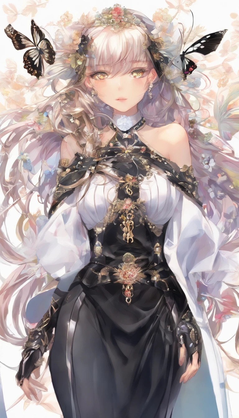((whole body:1.3)), Perfect Face,Perfect body,Eye for detail,((Super detailed:1.2)),(((masterpiece:1.4))),(((highest quality:1.2))),8k,High resolution,,(Detailed Hair), (masterpiece), (highest quality), (Super detailed), Sharp focus, Detailed face, Perfect Anatomy, Perfect lighting, (Intricate details), (Depth of written boundary), One girl, kanaotsuyuri,(( uniform:1.4)), Butterfly Hair Ornament,,( white belt), (Cape, white Cape),, (Black jacket), (Pleated skirt), belt, (Black Skirt), knees, buckle, Japanese sword in a sheath, belt buckle, (Black Shirt:1.0)