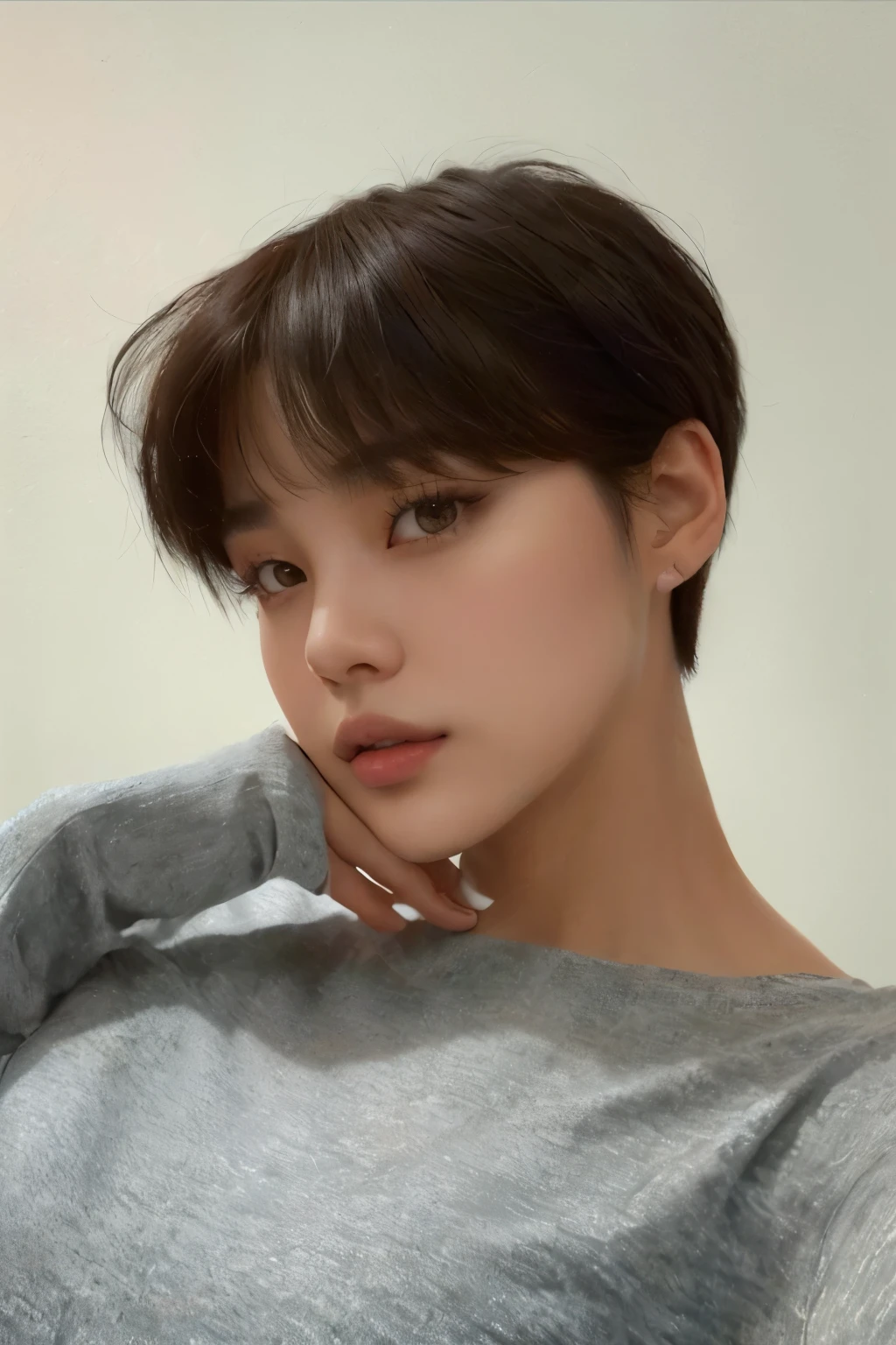 a close up of a woman with a gray shirt and a hand on her chin, with short hair, with short hair with bangs, lalisa manobal, with bangs, short brown hair with bangs, jungkook, jinyoung shin, heonhwa choe, headshot profile picture, the hime cut, beautiful south korean woman, blackpink jennie, sakimichan