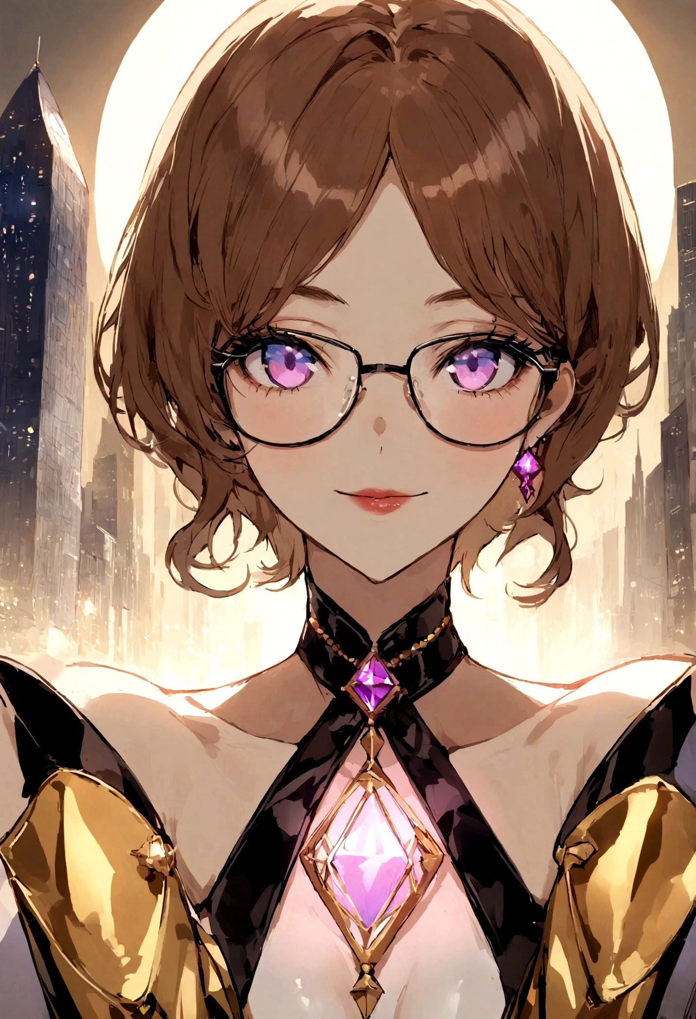 Create a virtual female model with the following characteristics : Long, wavy brown hair Cartier panthère glasses Blue almond-shaped eyes Lightly tanned skin with a luminous complexion Full lips with a charming smile Thin, straight nose Body with an hourglass figure Elegant and modern clothing style Background : a modern urban scene in the background, with glass buildings and night lights This model should exude an aura of confidence and elegance, se démarquant par son allure sophistiquée et ses lunettes distinctive
la femme doit etre le plus réaliste possible