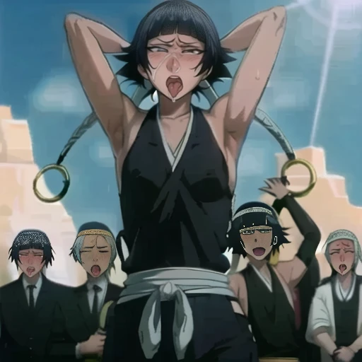 ( Animation screenshots:1.1),(Super delicate skin),(Ahegao), (flat chest:1.4), (The nipples can be seen through the clothes),(muscular:1.35),flirtatious, 1 female, solitary, Black flowing hair, eternal, Japanese clothing, No underwear,Small Breasts, No eyeballs, For the audience, Looking at the audience, tired, From below, (Exposed armpit:1.1), ((armpit:1.2)), Sexy pose, (sweat),(More and more sweat),(Ahegao), (Roll your eyes), Naughty face, blush, open mouth, Sticking out tongue, saliva, Slobber,Runny nose,Sloppy person,Skinny