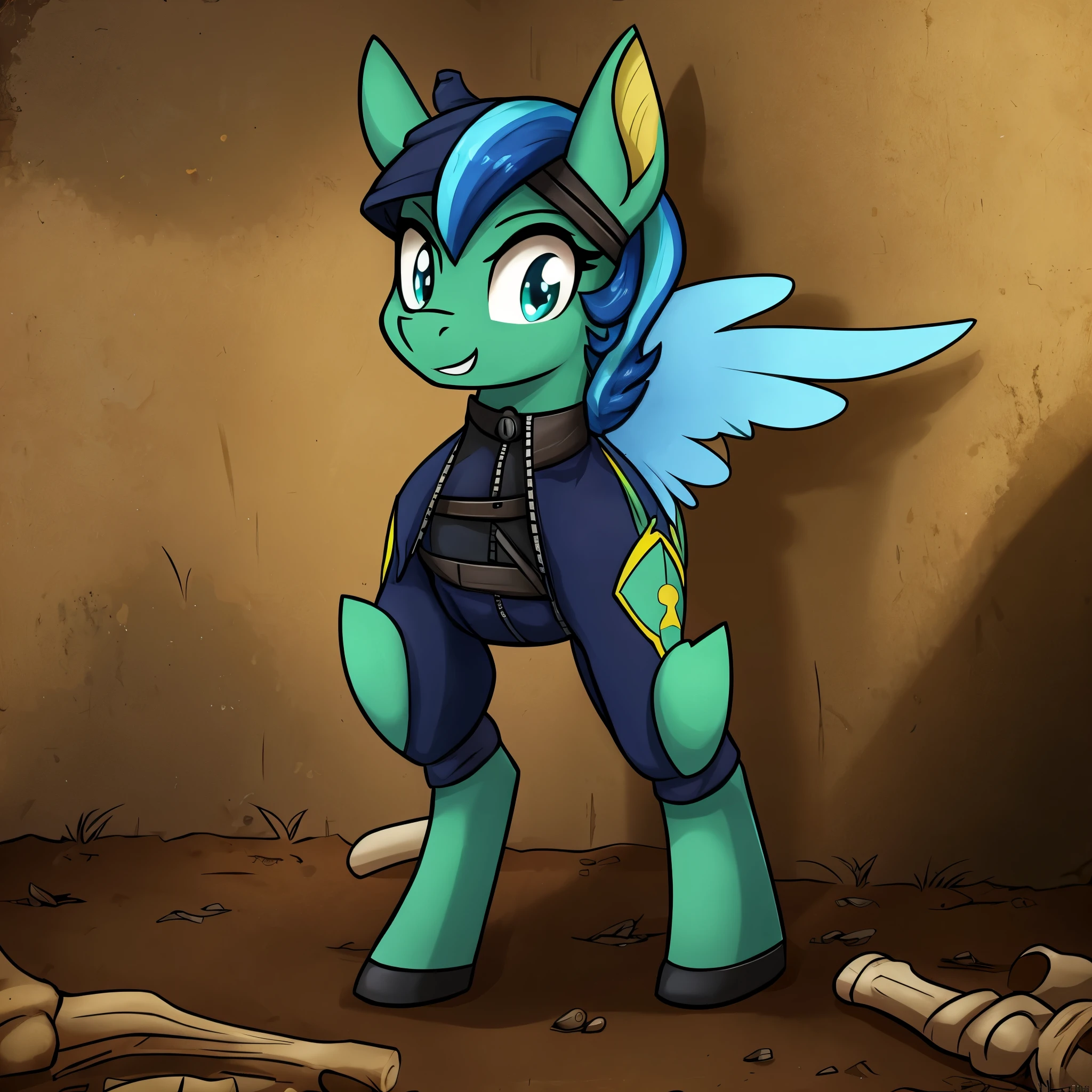 Uma changeling laranja de My Little Pony de Fallout Equestria, vestindo uma jaqueta azul escuro, um cachecol cinza e um bone cinza.
