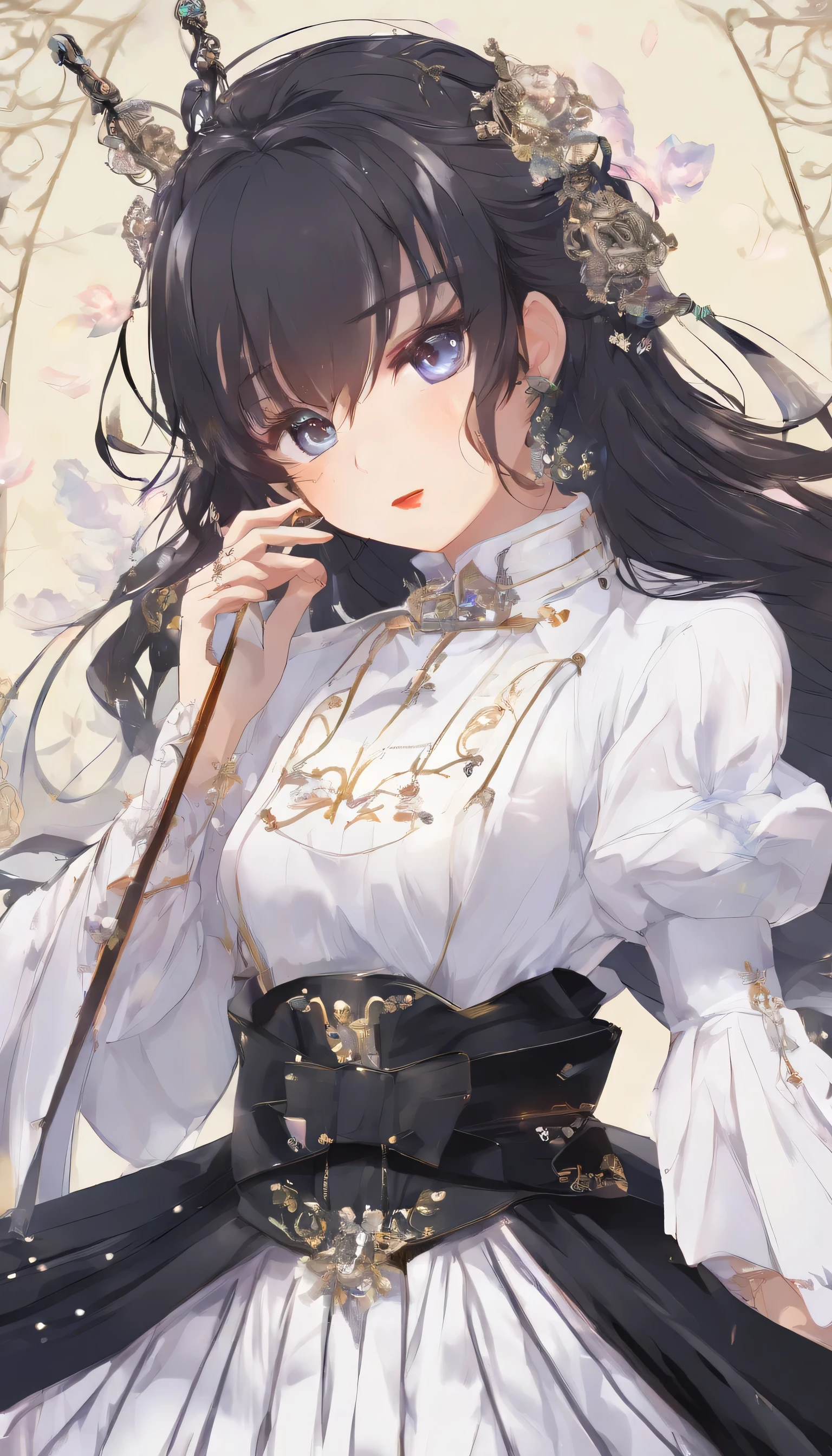 ((whole body:1.3)), Perfect Face,Perfect body,Eye for detail,((Super detailed:1.2)),(((masterpiece:1.4))),(((highest quality:1.2))),8k,High resolution,,(Detailed Hair), (masterpiece), (highest quality), (Super detailed), Sharp focus, Detailed face, Perfect Anatomy, Perfect lighting, (Intricate details), (Depth of written boundary), One girl, kanaotsuyuri,(( uniform:1.4)), Butterfly Hair Ornament,,( white belt), (Cape, white Cape),, (Black jacket), (Pleated skirt), belt, (Black Skirt), knees, buckle, Japanese sword in a sheath, belt buckle, (Black Shirt:1.0)