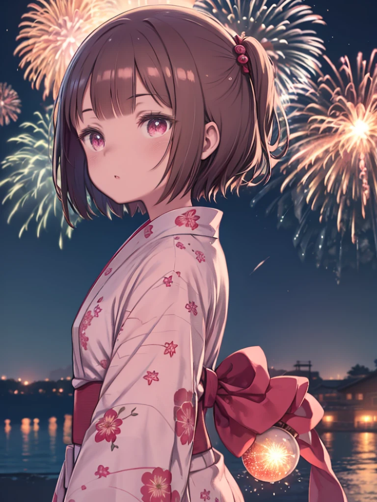 Tabletop, highest quality, High resolution, 超A high resolution, Depth of written boundary, short hair, Brown Hair, Pink Eyes, (hairpin), yukata, (Fireworks bursting into the sky), Night Sky, big