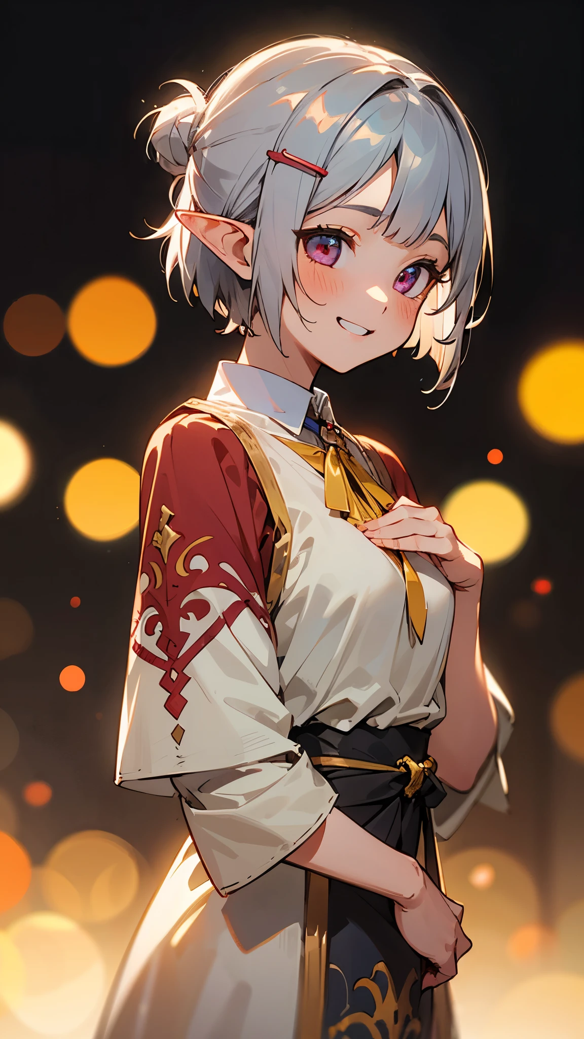 1 girl、8k、Sharp focus、(Bokeh) (highest quality) (Detailed skin:1.3) (Intricate details) (anime)、Small breasts、Angelic Face, Goblins, Elf ear hair, Silver hair and short bob hairstyle、Tie your hair up with a hair clip、Glowing pink round eyes, cute, Yellow peasant tunic, Medieval, Medieval city background, Bust from the neck up, Grin、From the side