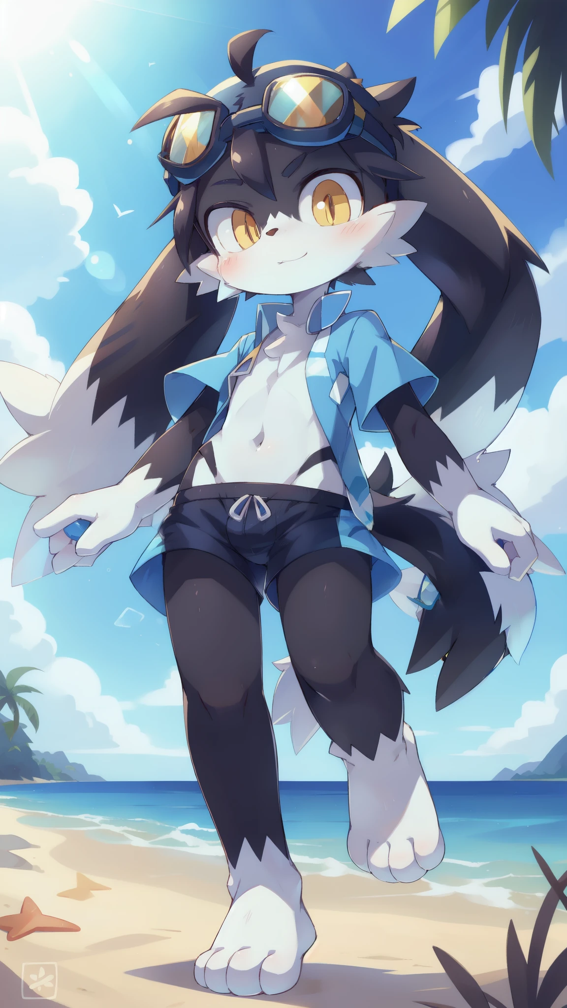 Klonoa, furry boy, yellow eyes, black body fur, black hair, long twin ponytails, white feets, white hands, ((goggles, blue hawaiian shirt, open clothes, black swim trunks)), detailed body fur, detailed body, detailed face, detailed eyes, glistering body, shiny body, skinny, (best quality), cinematic lighting, looking at viewer, anime style, full body, feets with three toes, 3 toes, beach, clear sky, :3,