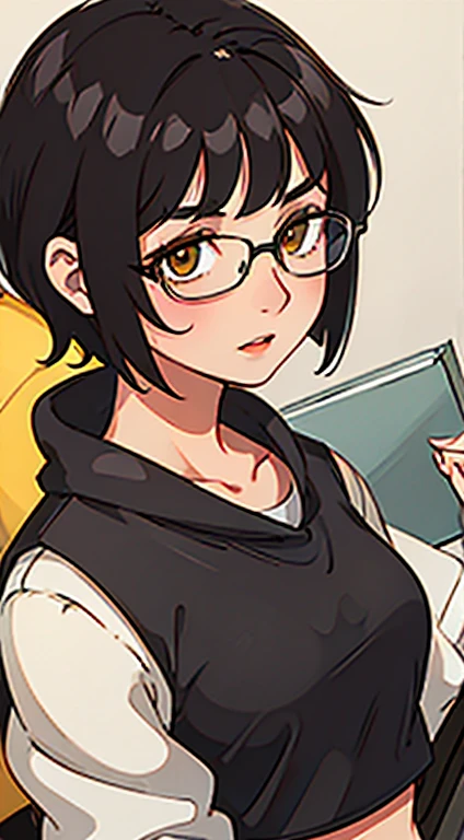 Young woman, holding a book, reading, glasses, short black hair, bangs, casual attire, crop top, yellow eyes