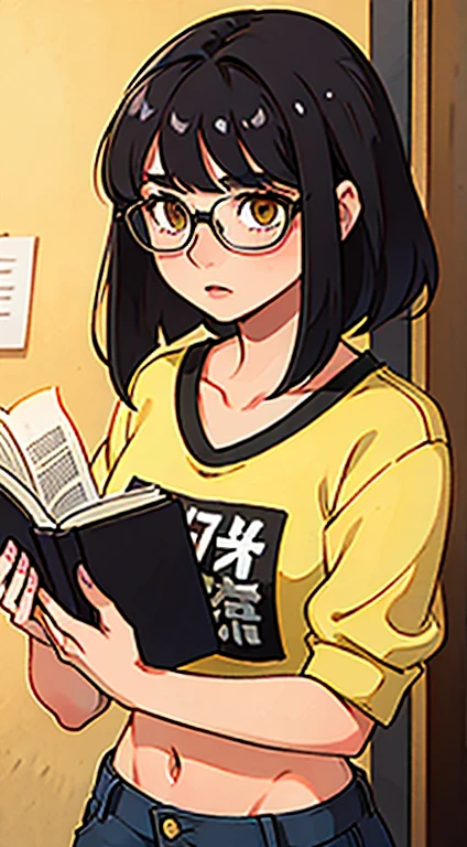 Young woman, holding a book, reading, glasses, short black hair, bangs, casual attire, crop top, yellow eyes