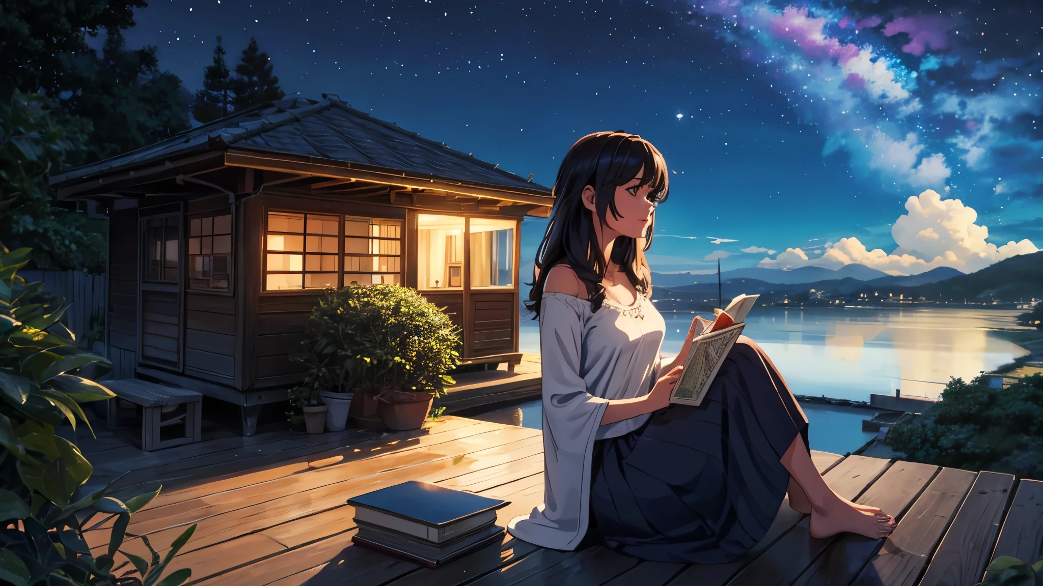 a scene She is sitting on the roof of her house, envolta em um cobertor aconchegante, looking at the stars that shine in the vast night sky. With a notebook in hands, She writes ideas for her story, inspirada pela serenidade da noite. The light, cool breeze gently ruffles your hair, enquanto o som suave de uma faixa instrumental lo-fi toca ao fundo, complementando a cena com seu ritmo relaxante. Ao redor, os grilos cantam, the leaves of the trees sway gently and the distant murmur of the city creates a background soundtrack that reinforces the tranquility and introspection of the moment. A luz suave da lua ilumina o telhado, highlighting the calm and inspiration of the lo-fi setting."