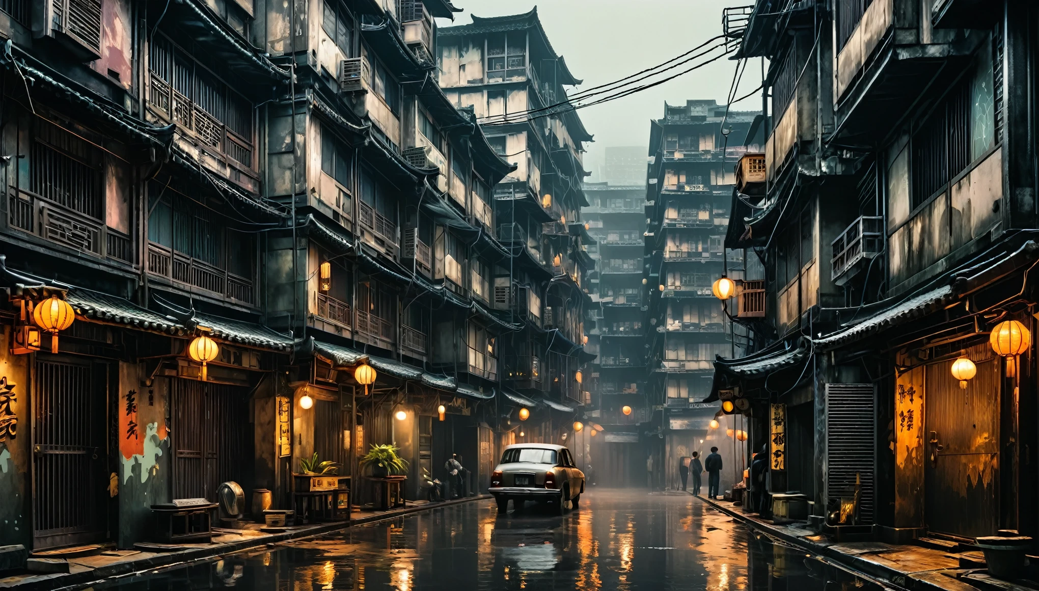 masterpiece, best quality, (4k,8k,highres,ultra-detailed,realistic,photorealistic:1.37), Brutalist, Kowloon walled city, clear painting style, dull color theory, foggy, grunge, desaturated, cityscape, detailed architecture, intricate alleyways, moody atmosphere, cinematic lighting, dramatic shadows
