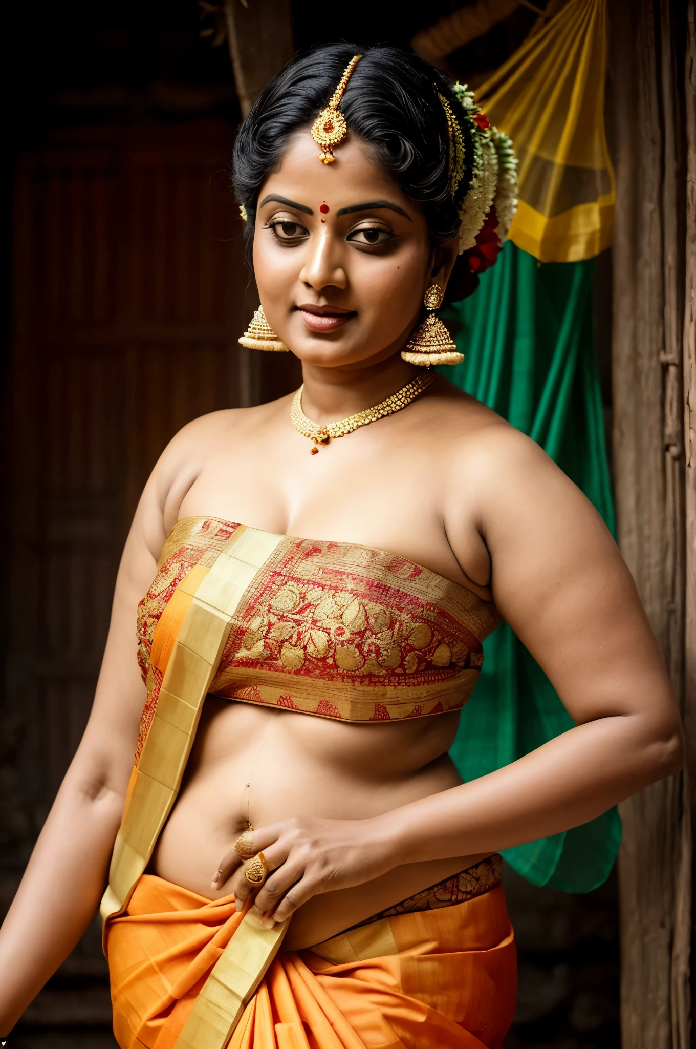 An Extremely gorgeous and beautiful Bengali village woman, 45 yo, pale white skin, sensual appealing body, perfect thick and chubby Beauty, wearing saree bare-chested, wearing a Bengali-style saree without a blouse,, ethnic vintage bengali village woman, bengali style saree, The sari was worn without a blouse and petticoat before the British Raj, baring one's chest or being blouseless, Bengalis a.k.a. Bongs are known for their unique Bengali fashion sense (the way they don that sari makes you go wow), Pre British Raj, Pre colonial era, Bengali Woman draping sari without blouse is a normal thing in pre British Era, bong woman,