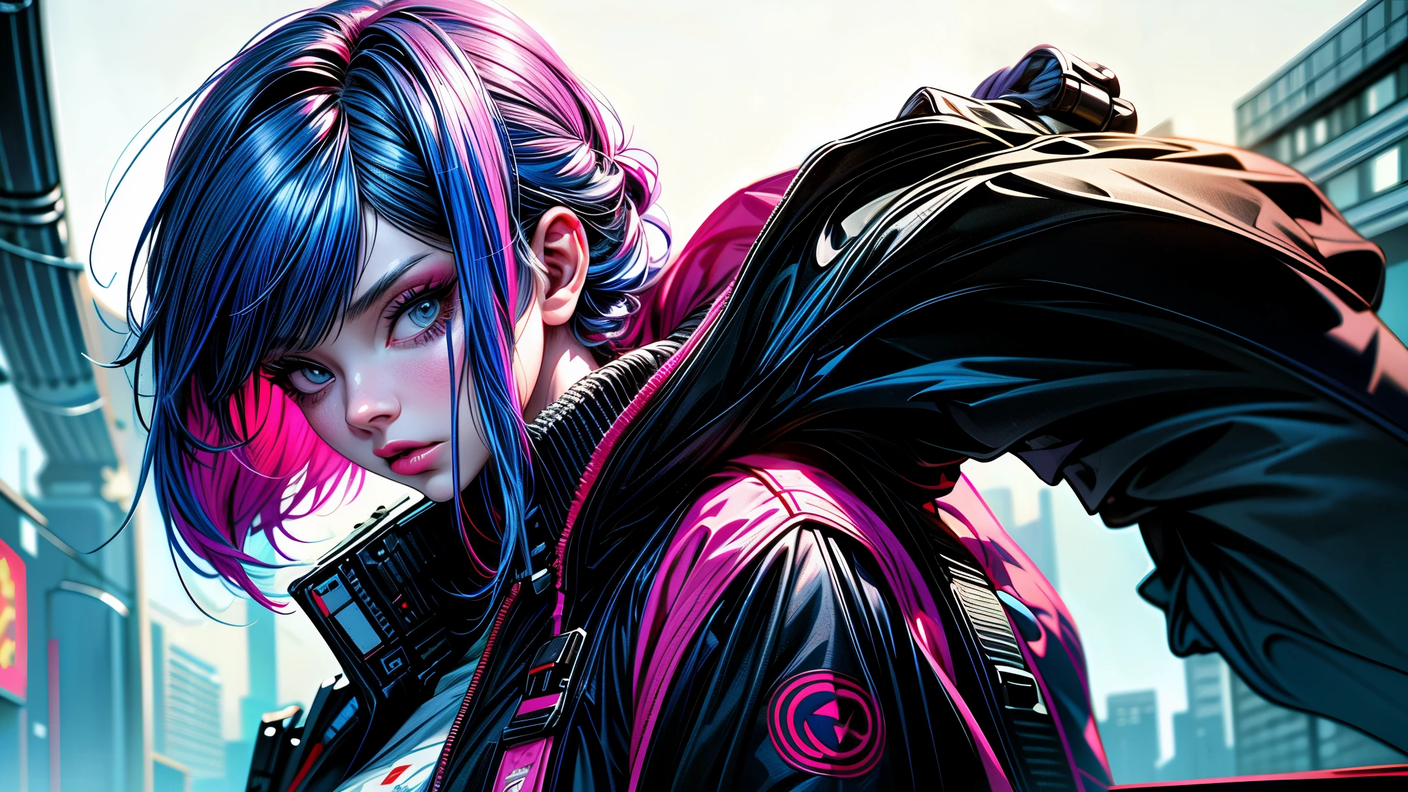 lucy \(cyberpunk\), 1girl, bangs, blue hair, colored tips, close up, from side, grey eyes, jacket, long sleeves, looking at viewer, medium hair, moon, multicolored hair, parted bangs, parted lips, pink hair, portrait, red eyeliner, red lips, solo, white jacket, cyberpunk \(series\), cyberpunk edgerunners ,
