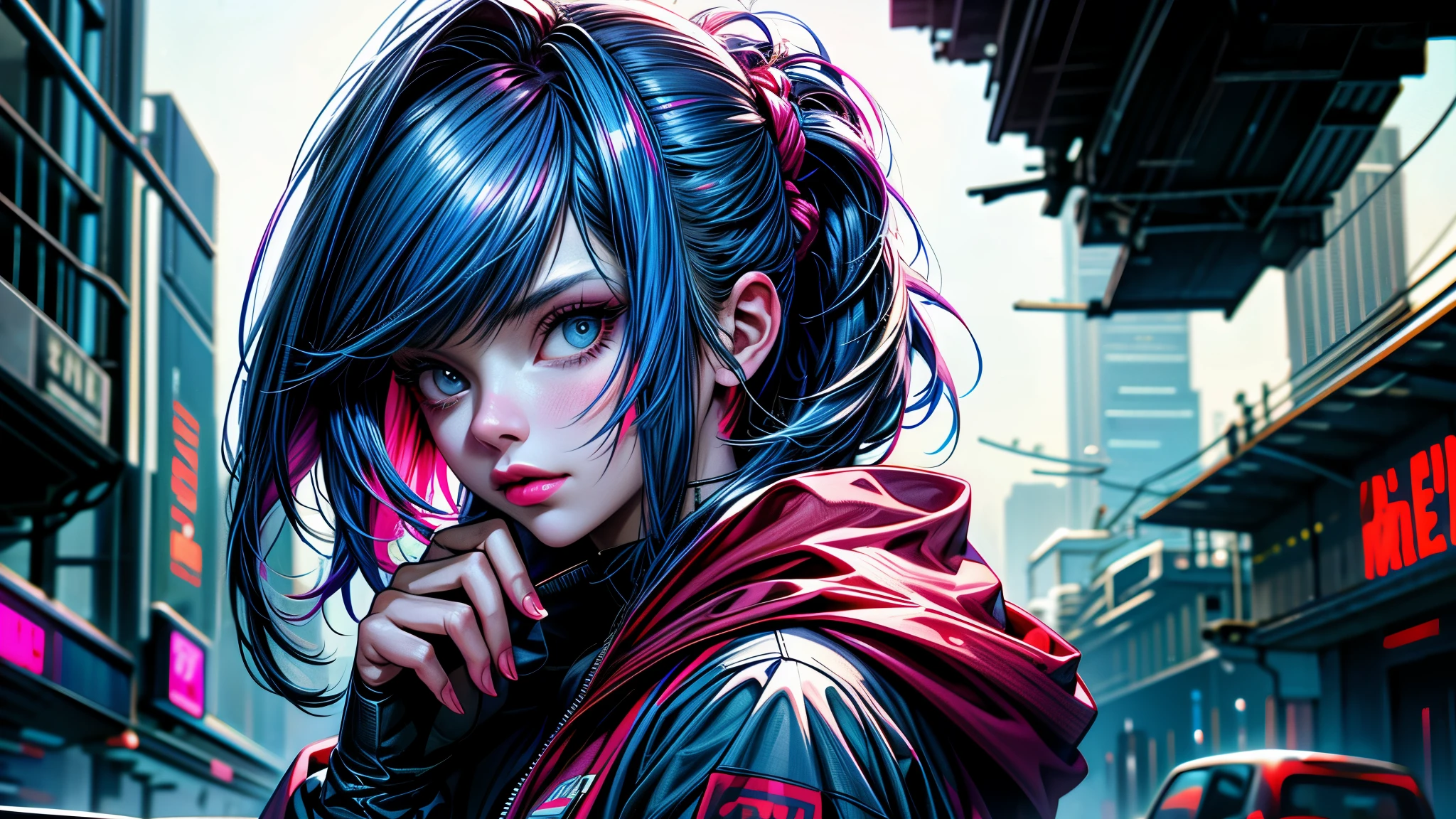 lucy \(cyberpunk\), 1girl, bangs, blue hair, colored tips, close up, from side, grey eyes, jacket, long sleeves, looking at viewer, medium hair, moon, multicolored hair, parted bangs, parted lips, pink hair, portrait, red eyeliner, red lips, solo, white jacket, cyberpunk \(series\), cyberpunk edgerunners ,
