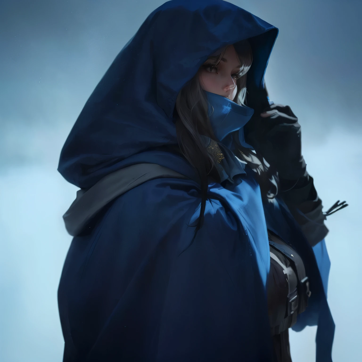 there is a woman in a hooded jacket holding her hat, dressed in a blue cloak .