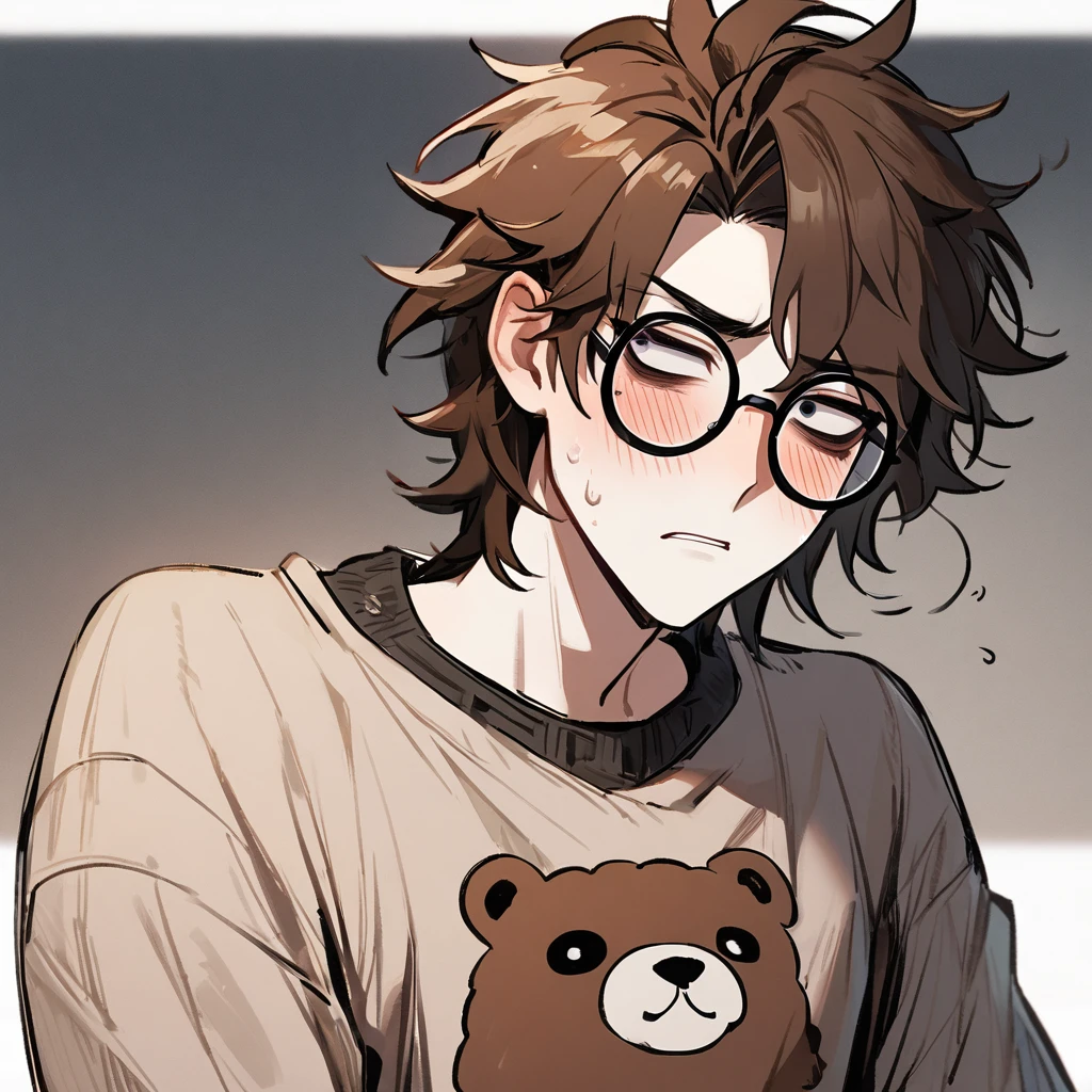 1 man, unkempt, disheveled, messy hair, dark circles under eyes, pale skin, brown hair, bear sweater, big round glasses, handsome, tired, short hair, discord mod, blushing, goodlooking