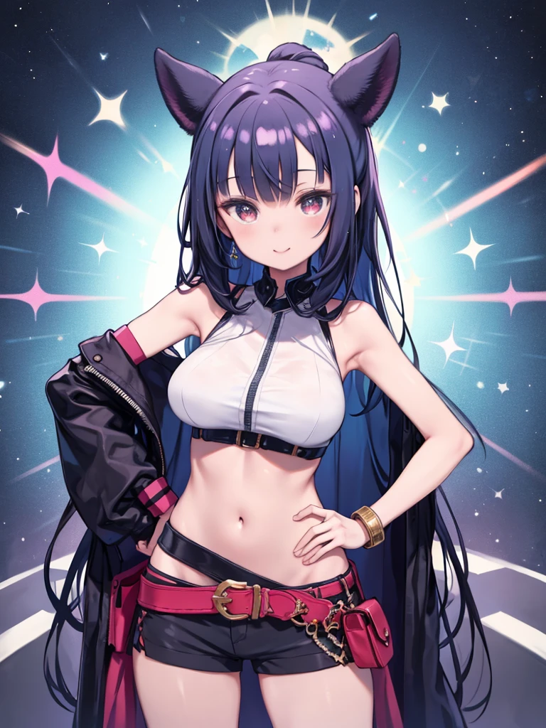 A great anime masterpiece, beautiful曲線を披露した魅力的な女の子が正面から映っている, Her piercing red eyes lit up with a radiant smile.. Her deep blue hair shines like stone., Vibrant inner strands that shine like polished stone. Wearing a sky blue sleeveless shirt and shorts, She flaunts her medium-sized breasts under a two-tone latex sports bra.. A punk belt cinches her waist, Leather bracelets adorn her wrists.. She is looking straight at the viewer, She put her hands on her hips、beautiful, Sexy Body, Around her neck she wears a shiny necklace. The vibrant colors of the cityscape behind her create a kaleidoscope effect., beautiful屋外スペースが素晴らしい背景となる.
