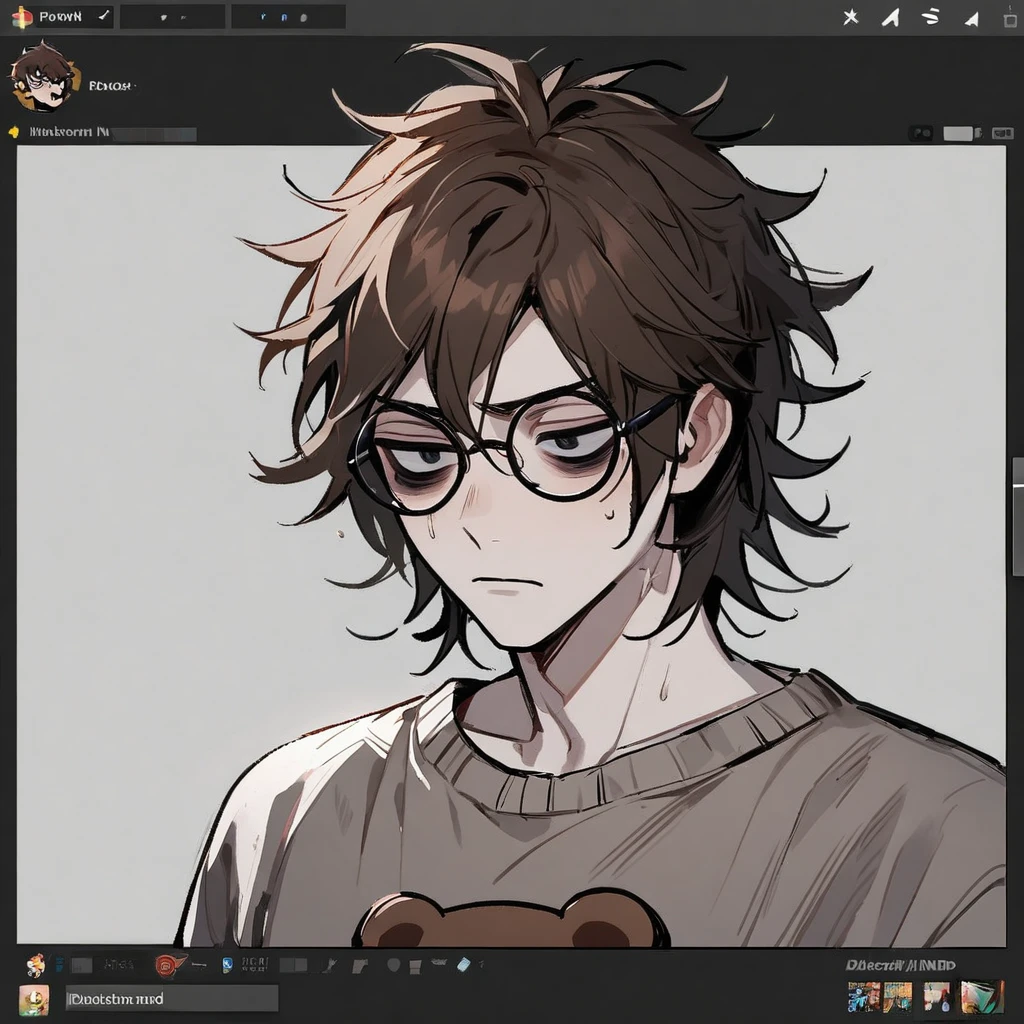 1 man, unkempt, disheveled, messy hair, dark circles under eyes, pale skin, brown hair, bear sweater, big round glasses, handsome, tired, short hair, discord mod