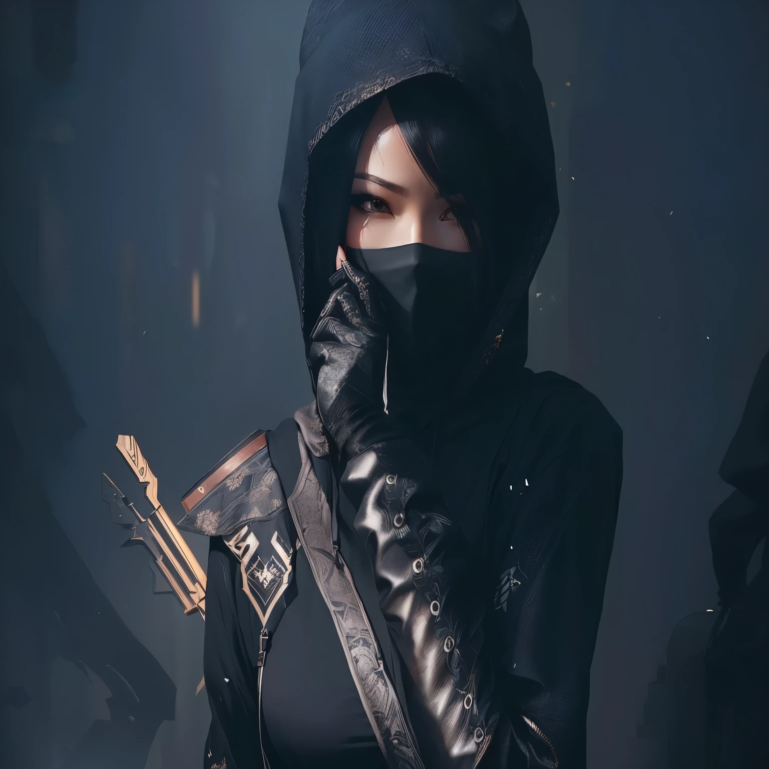 woman in black hoodie holding her face mask, beautiful female assassin, female assassin, , inspired by Leng Mei using this image as refrains
