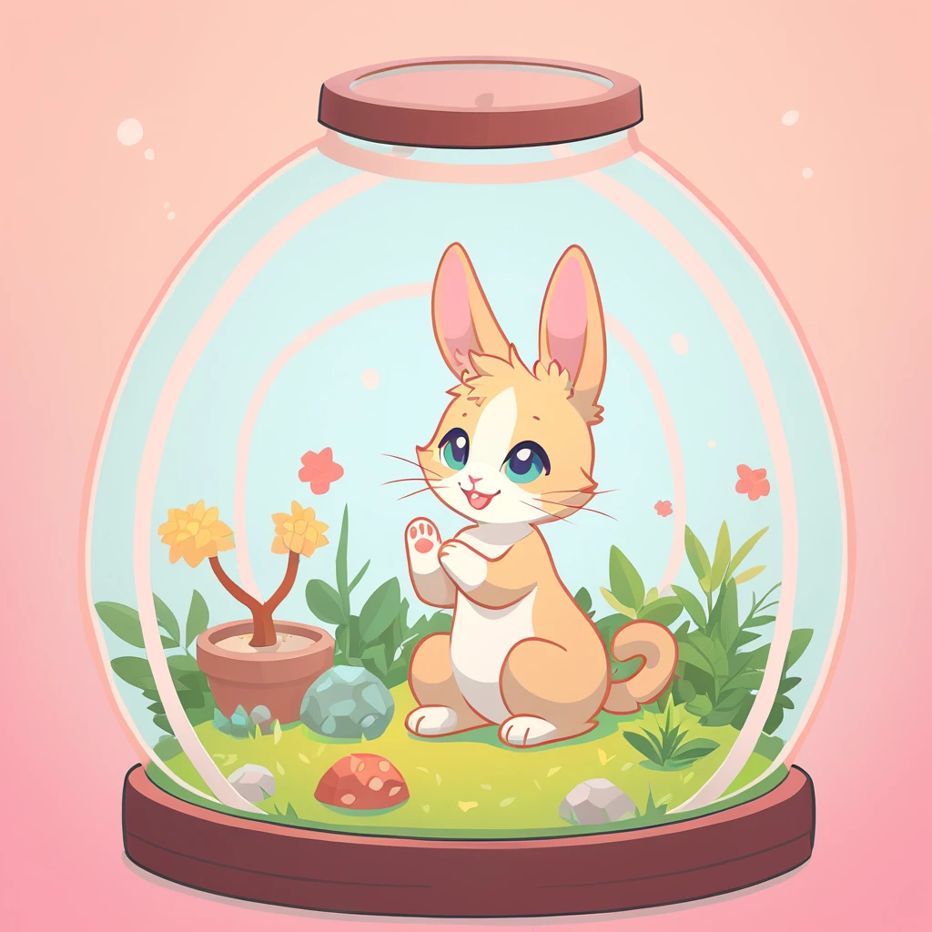 Young Cat in rabbit  terrarium art style with background
