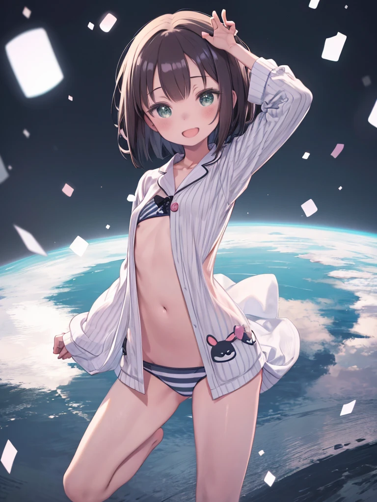 Ultra-thin illustration, alone, dynamic Angle, very cute and beautiful girl, Very delicate and beautiful face and eyes, (Tabletop:1.2), (highest quality:1.2), (4K wallpaper:1.2), View the viewer, Cartoon girl in suit, One Girl, alone, Striped, good, Training Bra, tooth, Brown Hair, Green Eyes, Short Bob Hair, Flat Chest, belly button, Food, smile, Foodアップ, panties, Outstretched arms, Open your mouth, + +, underwear, Striped panties, :d, pajamas, (海のpajamas1枚:0.7), (Black and white pajamas:1.2), (犬の耳のpajamas:1.3), (タンマーキングアイズチワワpajamas:1.2), (whole body:1.0), Jozipan, 綿のpanties, Kawaii Tech, pastel colour, cute, cute色, Jozipan, 綿のpanties, Kawaii Tech, pastel colour, cute, cute色