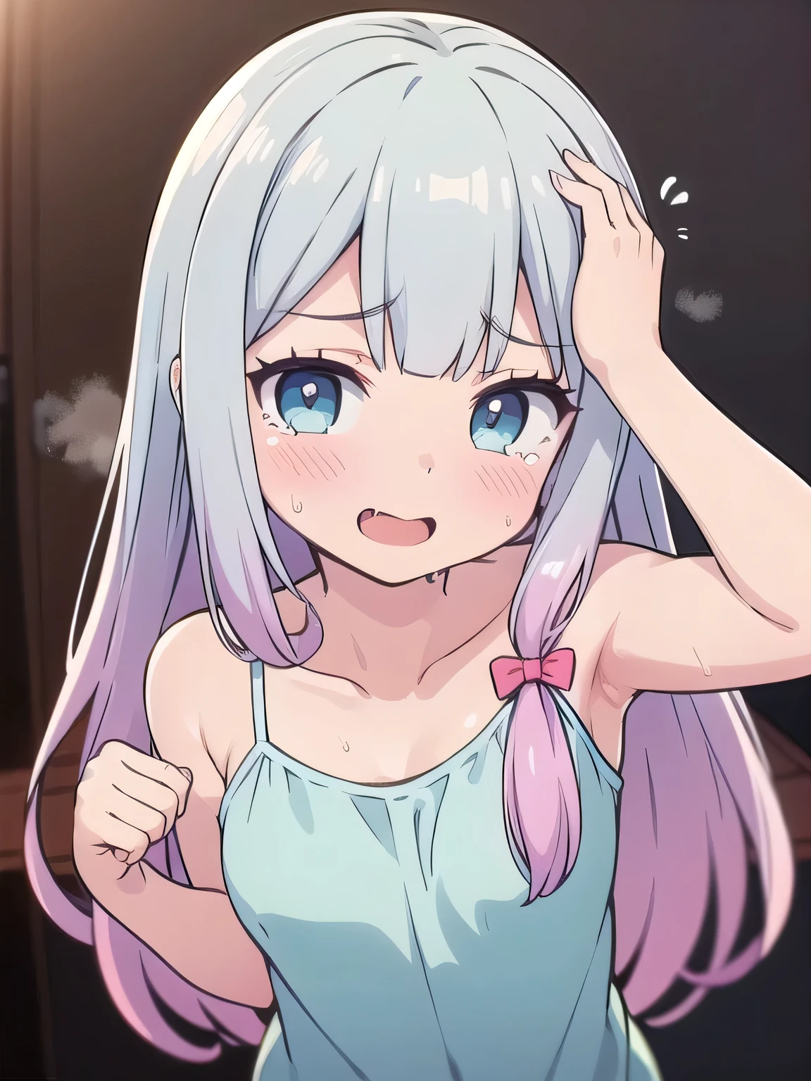 ((masterpiece, best quality)), high resolution,ultra detailed,8k,16k,detailed background, perfect lighting,detailed beautiful eyes, (1girl,solo:1.4),embarrassed,blush,show off nipple,steam,sweat,wet,in heat,closed mouth,seductive smile,look at viewer,face focus,(from above:1.2),(front view:1.2),(upper body),provocative eyes,fisheye lens,be breathless,(show off armpits,camisole:1.1),open mouth,tearslender,fair skin,small breast,sagiri_izumi,pink hair_ribbon,cute_room