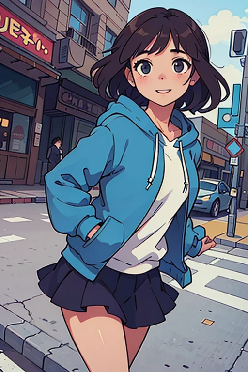 (best quality:0.8) perfect anime illustration, a pretty, happy woman with short curly brown hair on the street in the city, wearing a hoodie, skirt