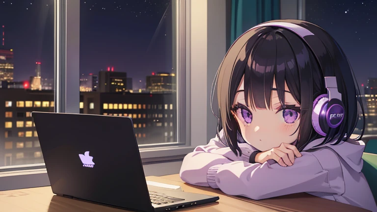 Cute girl sitting at a table with a laptop and headphones,Black Hair、Short Bob、Droopy eyes、Purple eyes、 Night view from the window, zeroガール, Praise the art style, Portrait of Rofi, Lofi Art, Low-fi Sensation, zero, zeroバイブ, Chill Hop, zeroカラー,