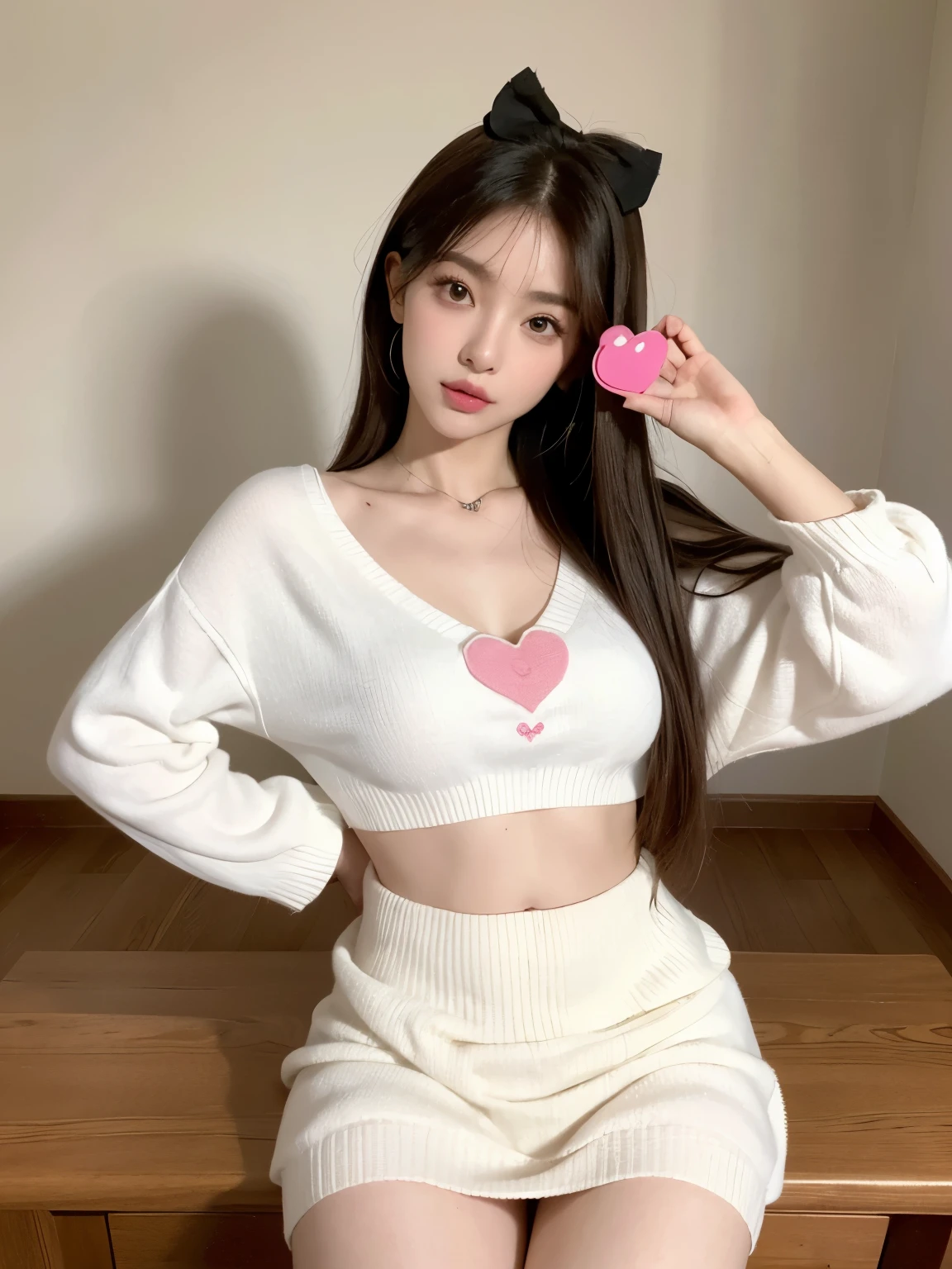Kim Jennie with white brown hair, con rulos en las puntas, with two bows on each side of the hair, all her hair white brown, with a star clip in her white brown hair, ojos de color claro, ojos bonitos, ojos llorosos, nariz bonita y respingada, nariz lloroso, labios bonitos, labios rosas, heart and cupid shaped lip, piel bonita, pale, piel blanca, con lunares y pecas en todo el rostro, rubor rosa suave en las mejilla, rubor rosa natural, maquillaje suave y rosa, jennie, cuello bonito, cuello marcado, frown, mirada tierna, con un collar de beso, un collar bonito de beso, parecido a Yumeko Jabami, mientras lleva puesto un Crochet YK2, de lana, with a YK2 style brown mini skirt, mientras lleva una casaca con estampados de ositos, mientras tiene el abdomen desnudo, delgado, marcado y bonito, (pechos grandes, pechos suaves, pechos bonitos), mientras esta haciendo cospaly del personaje Yumeko Jabami, del anime Kakegurui, mirando a la camara, autofoto, selfie bonita