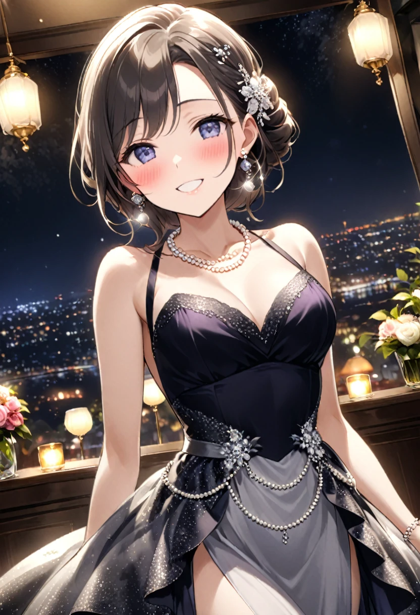 In a corner of the night party、A woman is blushing and smiling shyly。She wears a beautiful dress、To accentuate her elegance, she wears a pearl necklace around her neck.、She has dangling pearl earrings。With her smile、Its appearance adds even more charm to the glamorous atmosphere around it.、Shining brightly at the party。