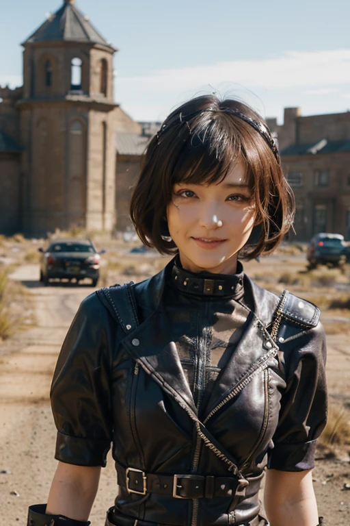 girl, Bobcut, Leather Fashion, Purple and black bondage, Mad Max costume cosplay
10代のgirl, かわいいのgirl,  Bobcut, Leather Fashion, Purple and black bondage, 
Mad Max costume cosplay, desert, Brown Hair, slender, Dry Moorland, sunshine, smile, 
