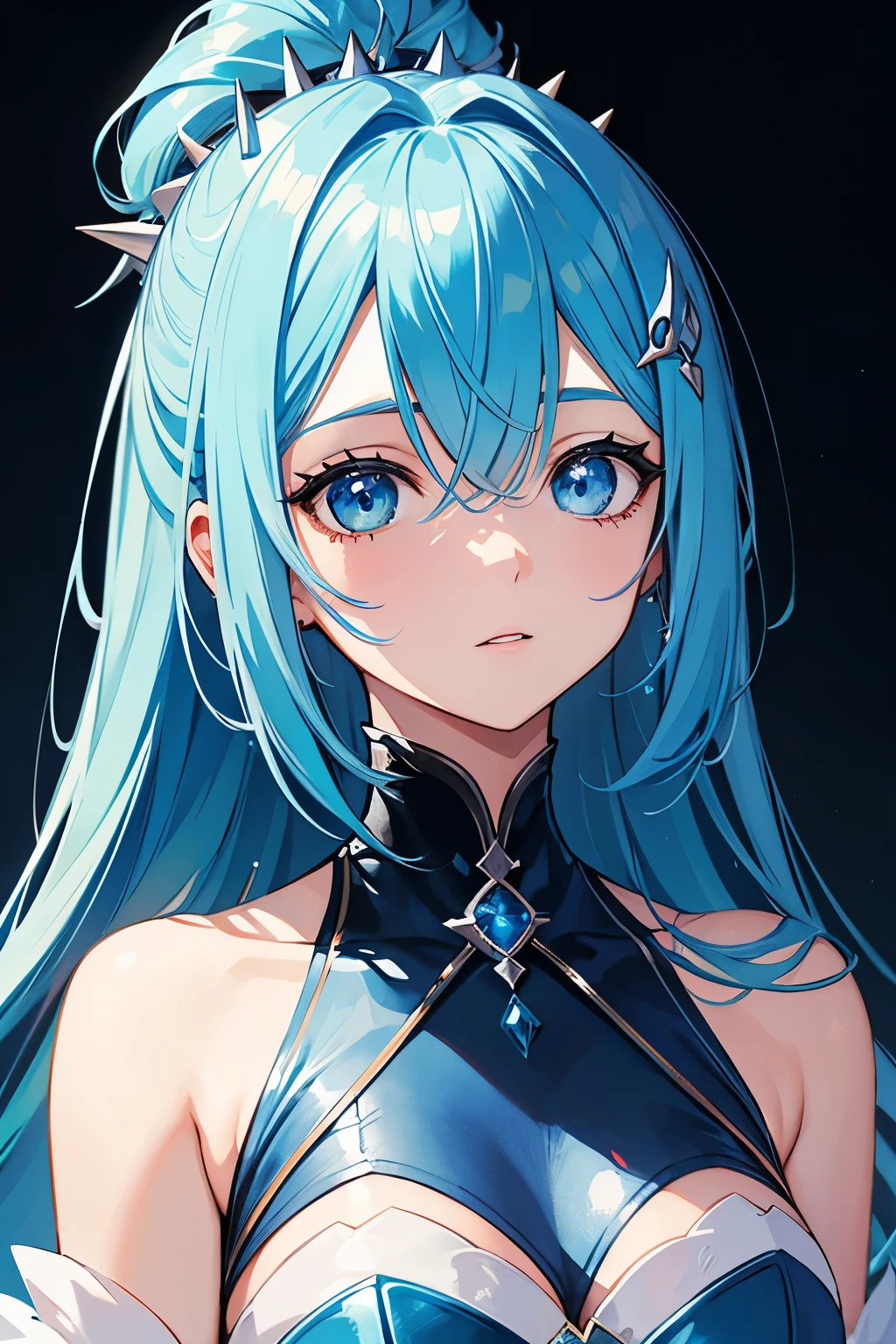 crie um personagem de anime de cabelo azul claro, terno azul escuro com gravata borboleta com uma joia no meio, personalidade serena, medium-length spiky hair up to the ear and very fair skin