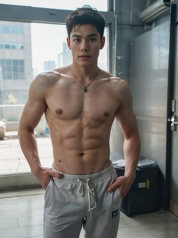 1 handsome Asian guy，26 years old，Athletic male model studying sports，A handsome guy wearing a purple slim-fitting sportswear and white sweatpants，The neckline is slightly open, Form-fitting fabric contours the bust，in a remote warehouse，hands tied behind back。hands tied behind back，Masculine and handsome，High，Muscles look good，hairy body，Wheat complexion，black eyes（thin eyes 1：3），whole body image