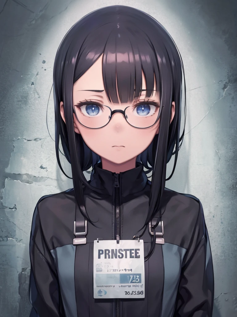 One girl, Long black hair, blue eyes, wearing prison jumpsuit, prison, Absurd, High resolution, Super sharp, 8k, masterpiece, View Viewer,Wear glasses,Mugshot,Orange jumpsuit,cry,Teen,