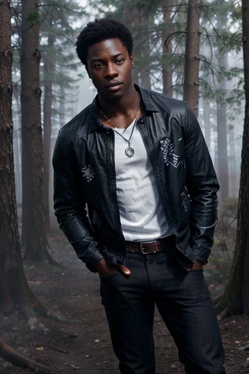 Sinqua Walls, Boyd, Teen Wolf, 18 years old, dark skin, short and messy black hair, brown eyes, blue dress shirt, brown jacket, black jeans, black combat boots. silver pendant, white wolf print. Forest background with fog aura around black color.