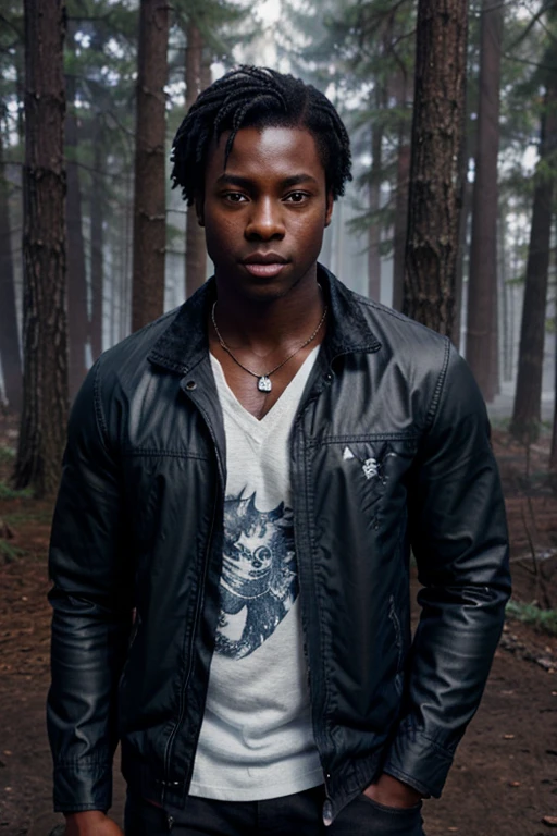 Sinqua Walls, Boyd,  Wolf, 18 years old, dark skin, short and messy black hair, brown eyes, blue dress shirt, brown jacket, black jeans, black combat boots. silver pendant, white wolf print. Forest background with fog aura around black color.