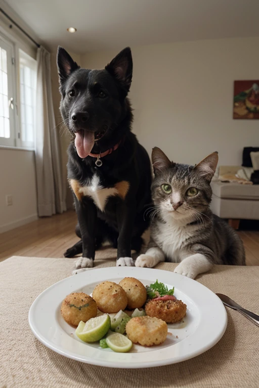 Un plato de comida con croquetas, vegetables and proteins, with a dog and a cat eating from it, y jaulas con aves y roedores comiendo sus respectivos alimentos.