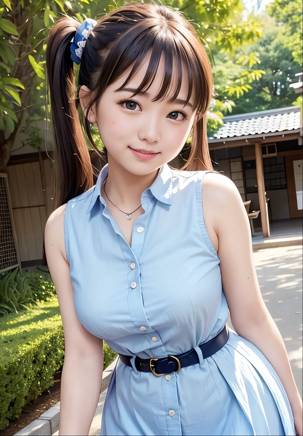 (highest quality,masterpiece:1.3,Ultra-high resolution),(Very detailed、Caustics) (Realistic:1.4, RAW shooting、)Ultra-Realistic Capture、Very detailed、Natural skin texture、masterpiece、(Japanese woman wearing a sleeveless light blue button-down shirt dress:1.3), Ring Belt、Adorable expression、Expressions of happiness、、height: 160cm、Young Face、Amazingly cute、Twin tails、Straight hair、Scrunchie、Black Hair、light makeup、necklace、H-cup busty、Shining thighs、Skin Arm、Background details、smile、An inviting gaze、Anatomically correct、Cowboy Shot、Attention to detail、Photographed on the main street of a summer resort、Empty Hands、