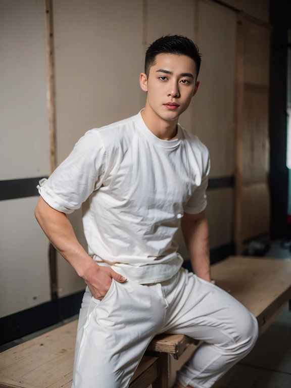 1 handsome Asian guy，26 years old，Athletic male model studying sports，A handsome guy wearing a purple slim-fitting sportswear and white sweatpants，The neckline is slightly open, Form-fitting fabric contours the bust，in a remote warehouse，hands tied behind back。hands tied behind back，Masculine and handsome，High，Muscles look good，hairy body，Wheat complexion，black eyes（thin eyes 1：3），whole body image