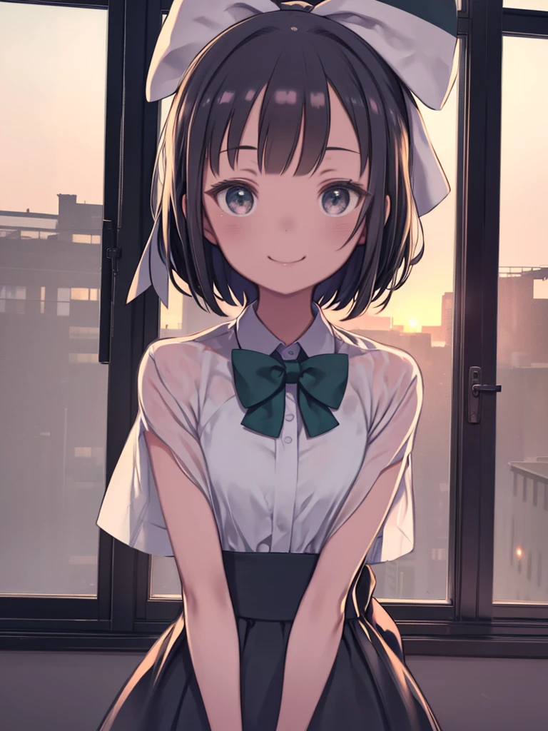 Doshio KC, 1 girl, alone, pretty girl,highest quality, Super detailed, 8k, High resolution, Detailed face, In the classroom, Standing near the window, sunset, Upper Body, A light smile, A kind smile, Black Dress, White shirt, Short sleeve, Green bow tie,