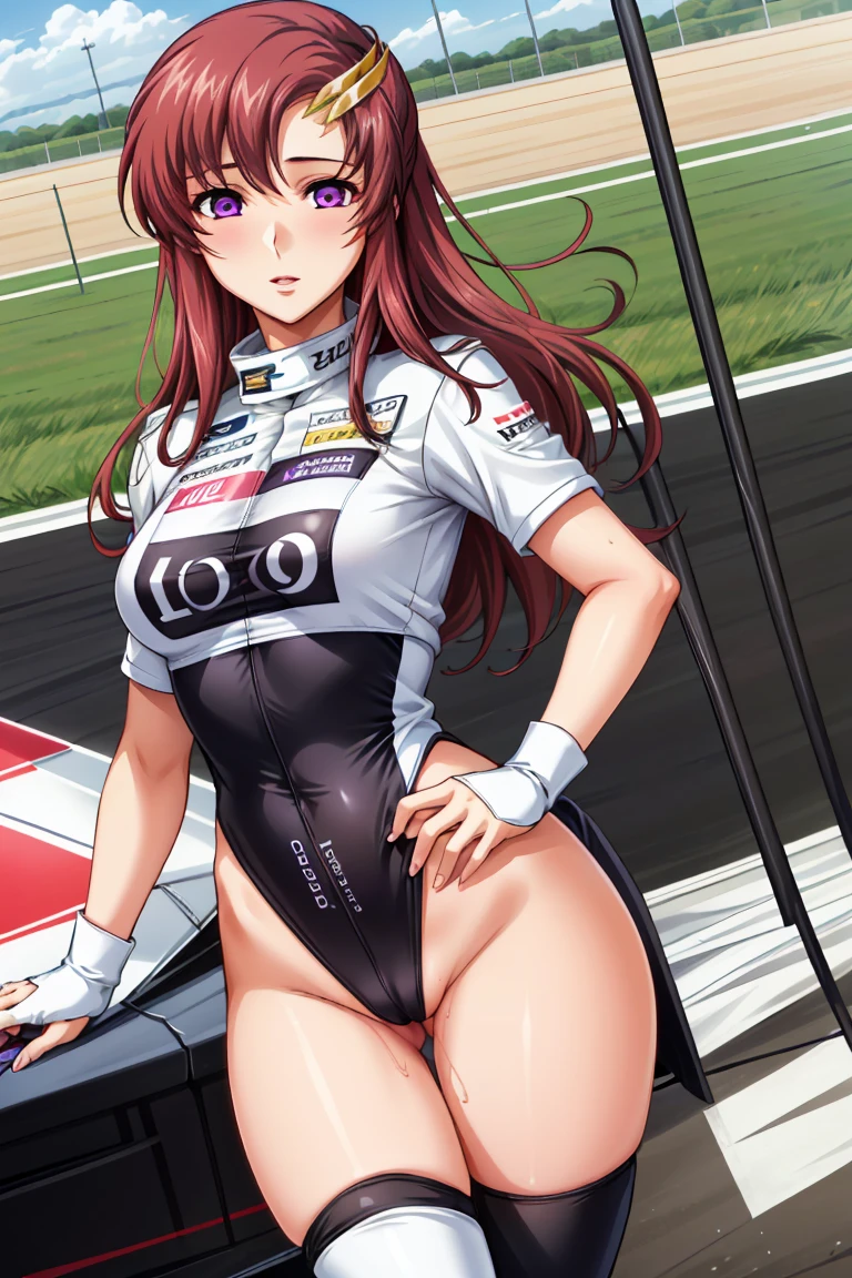 (masterpiece:1.2, highest quality), (Realistic, photoRealistic:1.4), Beautiful illustrations, (Natural Side Lighting, Cinema Lighting), avert your eyes, (Cowboy Shot), ((2 girls), (Lacus Clyne & Murrue Ramius)),Grid Girls, 40 years old, (((Mature Woman))), (Beautiful anime faces), Japanese, Perfect Face, Perfect Anatomy, Symmetrical cute face, Shiny skin, Blunt bangs, (Intense glowing purple eyes:1.3), Beautiful Hair, Beautiful Face, Beautiful clavicle, Beautiful body, Beautiful breasts, Beautiful thighs, Beautiful legs, Beautiful fingers, (Perfect Face, Perfect Anatomy), (Two legs, Five Fingers), ((Grid Girls, Racing Suits, Race Queen Costume:1.3. White, pink and purple high leg leotard with sponsor logo:1.3, Shiny arm covers:1.3, Shiny knee-high boots:1.3)), (Beautiful views), Written boundary depth,((Tall Woman), (Slim figure), (small breasts directed upwards)), (Randomly change obscene poses:1.3), ((A small remote vibrator is attached to her pussy:1.1), (Intense orgasm:1.1), (Embrace、Love Each Other:1.1)),