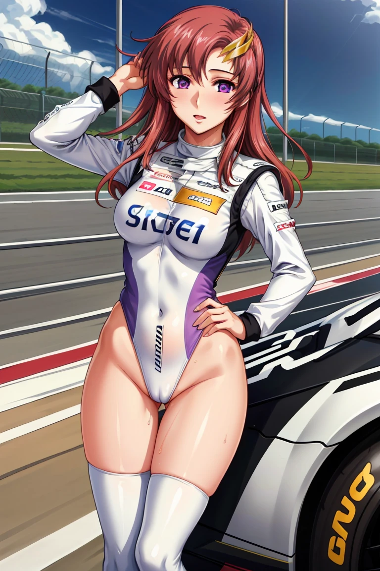 (masterpiece:1.2, highest quality), (Realistic, photoRealistic:1.4), Beautiful illustrations, (Natural Side Lighting, Cinema Lighting), avert your eyes, (Cowboy Shot), ((2 girls), (Lacus Clyne & Murrue Ramius)),Grid Girls, 40 years old, (((Mature Woman))), (Beautiful anime faces), Japanese, Perfect Face, Perfect Anatomy, Symmetrical cute face, Shiny skin, Blunt bangs, (Intense glowing purple eyes:1.3), Beautiful Hair, Beautiful Face, Beautiful clavicle, Beautiful body, Beautiful breasts, Beautiful thighs, Beautiful legs, Beautiful fingers, (Perfect Face, Perfect Anatomy), (Two legs, Five Fingers), ((Grid Girls, Racing Suits, Race Queen Costume:1.3. White, pink and purple high leg leotard with sponsor logo:1.3, Shiny arm covers:1.3, Shiny knee-high boots:1.3)), (Beautiful views), Written boundary depth,((Tall Woman), (Slim figure), (small breasts directed upwards)), (Randomly change obscene poses:1.3), ((A small remote vibrator is attached to her pussy:1.1), (Intense orgasm:1.1), (Embrace、Love Each Other:1.1)),