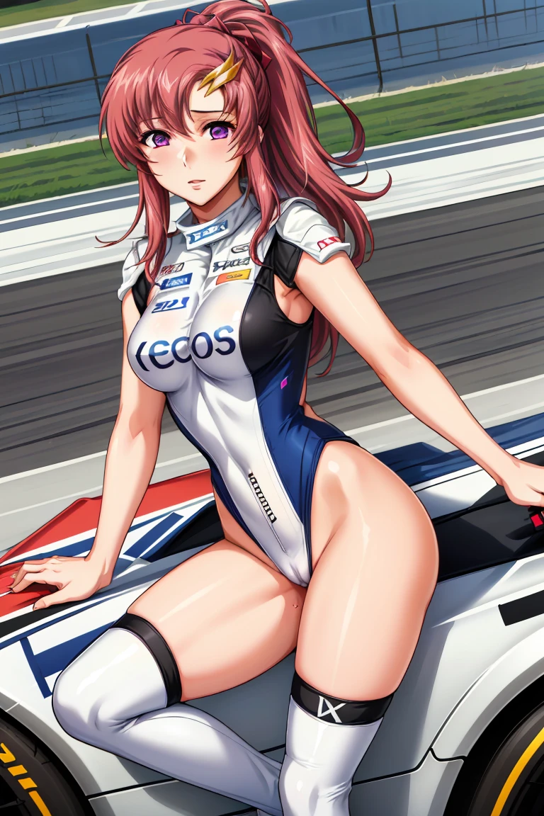 (masterpiece:1.2, highest quality), (Realistic, photoRealistic:1.4), Beautiful illustrations, (Natural Side Lighting, Cinema Lighting), avert your eyes, (Cowboy Shot), ((2 girls), (Lacus Clyne & Murrue Ramius)),Grid Girls, 40 years old, (((Mature Woman))), (Beautiful anime faces), Japanese, Perfect Face, Perfect Anatomy, Symmetrical cute face, Shiny skin, Blunt bangs, (Intense glowing purple eyes:1.3), Beautiful Hair, Beautiful Face, Beautiful clavicle, Beautiful body, Beautiful breasts, Beautiful thighs, Beautiful legs, Beautiful fingers, (Perfect Face, Perfect Anatomy), (Two legs, Five Fingers), ((Grid Girls, Racing Suits, Race Queen Costume:1.3. White, pink and purple high leg leotard with sponsor logo:1.3, Shiny arm covers:1.3, Shiny knee-high boots:1.3)), (Beautiful views), Written boundary depth,((Tall Woman), (Slim figure), (small breasts directed upwards)), (Randomly change obscene poses:1.3), ((A small remote vibrator is attached to her pussy:1.1), (Intense orgasm:1.1), (Embrace、Love Each Other:1.1)),