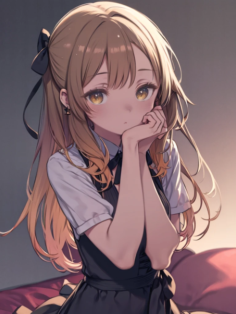 Yellow side slit dress, Black ribbon waist, Red nose, shy, (Gradient Hair:1.4), Rose-colored hairpin, Small breasts, Rose Earrings, masterpiece, highest quality, hifumi, Yellow Eyes, Light brown hair, bangs, Long Hair, Low twin tails, Tied up, Hair Ribbon, room, Show your hand, (Covering the face with hands), Hands per face, bedroom. Detailed face, Viewpoint